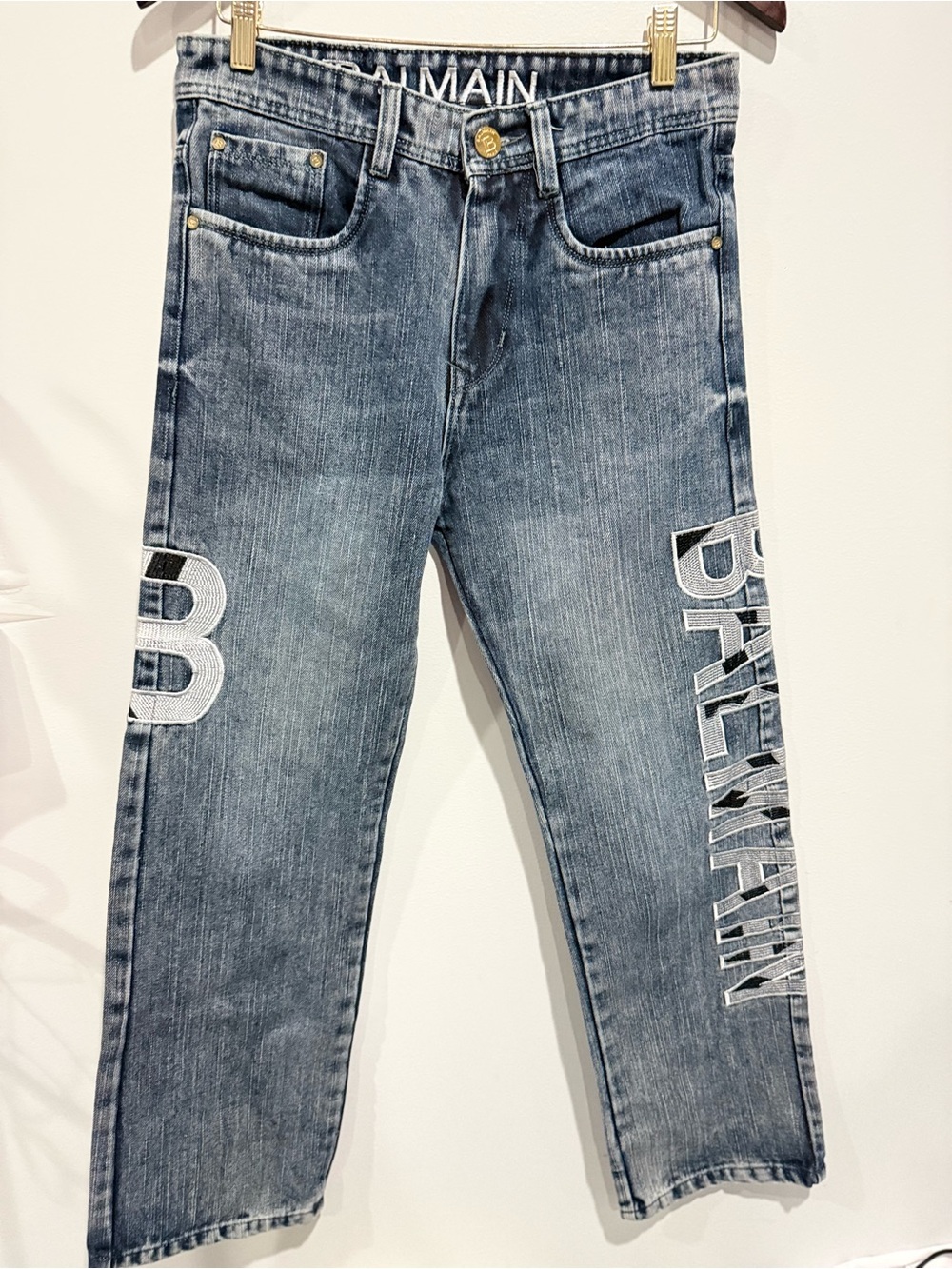 Balmain Men's Faded Blue Logo Straight Jeans